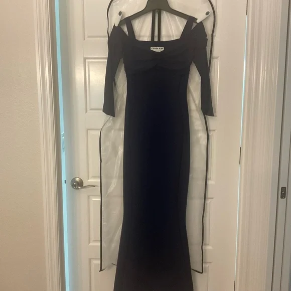 chiara boni black dress A-Line long sleeves Tulle Lace Black Long Prom Dress, Black Lace Long   dresstby